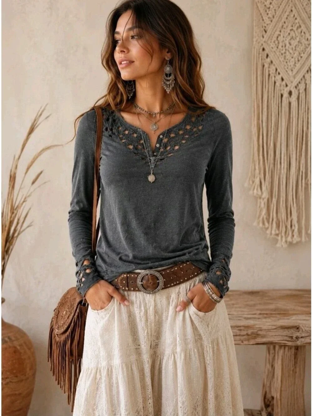 Free People Lacey Women's Top Size M Goth Washed Black #CC